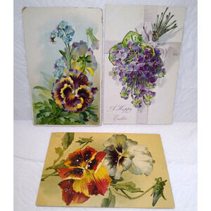 Tucks Easter & Greetings Postcards Floral Flowers Pansies One Glittered Lot of 3